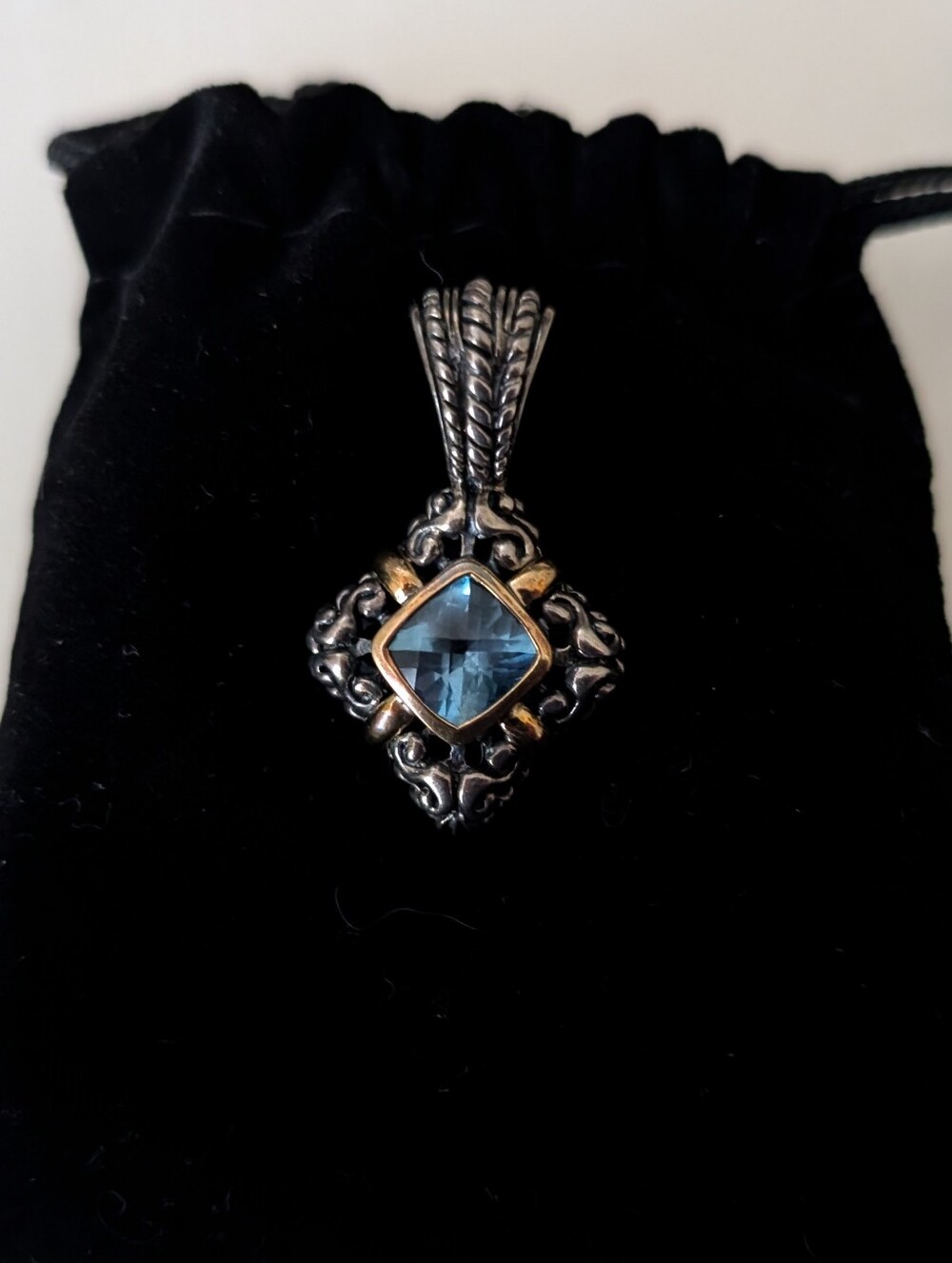 14k & Sterling Blue Topaz Pendant Signed